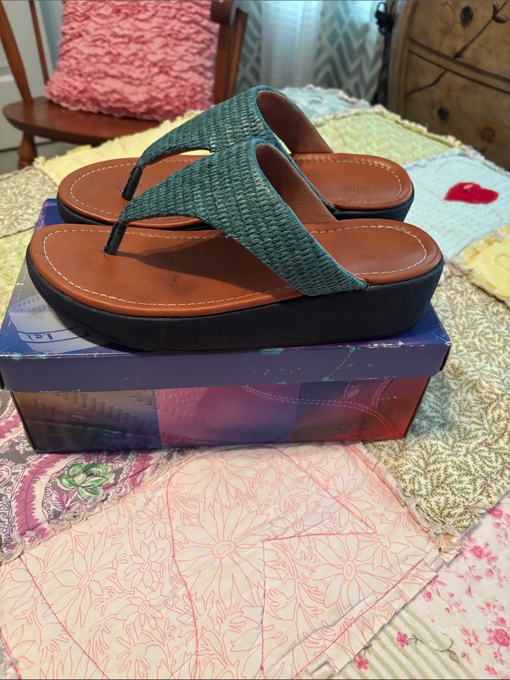 Fitflop Teal Woven Thong Sandals with Brown Footbed - Picture 3 of 7